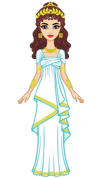 Porträt der Animationsfrau im antiken griechischen Kleid. Vektor-Illustration isoliert auf weißem Hintergrund. — Stockvektor