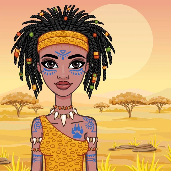 Animation πορτρέτο του Αμαζονίου κορίτσι. Φόντο - ένα τοπίο της αφρικανικής σαβάνας. Εικονογράφηση διάνυσμα. — Διανυσματικό Αρχείο