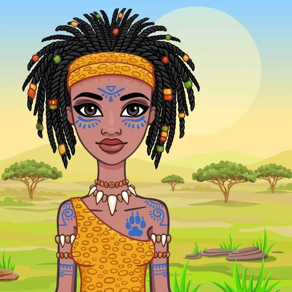Animation porträtt av flicka Amazonas. Bakgrund - ett landskap av den afrikanska savannen. Vektorillustration. — Stock vektor