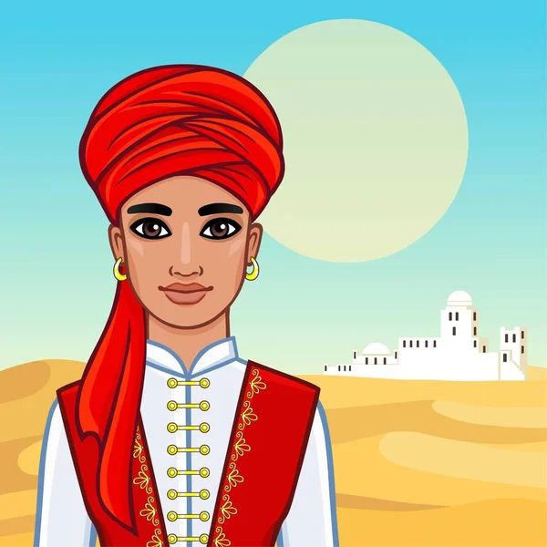 Animationsporträt des arabischen Mannes in antiken Gewändern. Hintergrund: eine Wüstenlandschaft, die weiße Stadt. Vektorillustration. — Stockvektor
