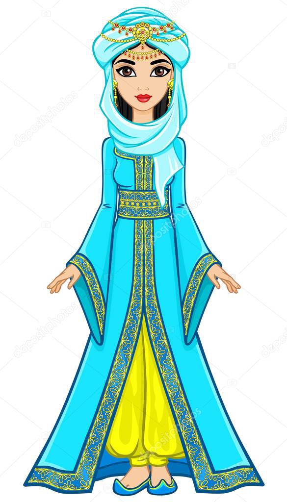 Portrait of the animation Arab princess in  ancient suit. Full growth. Vector illustration isolated on a white background.