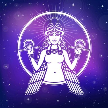 Vektör çizim: Tanrıça İştar stilize. Sümer mitolojisindeki karakter. Angel, Kraliçe, PUT, efsanevi karakter. Arka plan - gece yıldızlı gökyüzü.