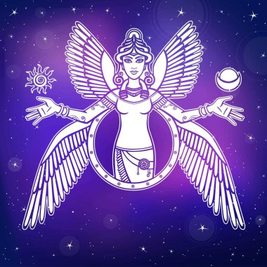Vector illustration: stylized goddess Ishtar. Character of Sumerian mythology. Angel, queen, idol, mythical character. Background - the night star sky. clipart