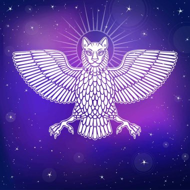 Efsanevi hayvan, bir kuş bir vücut ve bir aslan başkanı ile Anzud. Sümer mitolojisindeki karakter. Arka plan - gece yıldızlı gökyüzü. Vektör çizim.