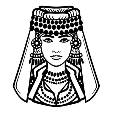 Animasyon antik elbiseli Arap kız portresi. Beyaz bir arka plan üzerinde izole doğrusal tek renkli çizim. Vektör çizim.