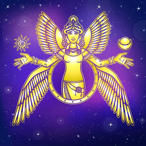 Ilustración vectorial: diosa estilizada Ishtar. Carácter de la mitología sumeria. Ángel, reina, ídolo, personaje mítico. Fondo - el cielo estrellado nocturno. Imitación de oro . — Vector de stock