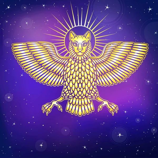 Animalul mitic, Anzud cu un corp de pasăre și capul unui leu. Caracterul mitologiei sumeriene. Imitaţie de aur. Set de simboluri solare. Ilustrație vectorială izolată pe un fundal negru . — Vector de stoc