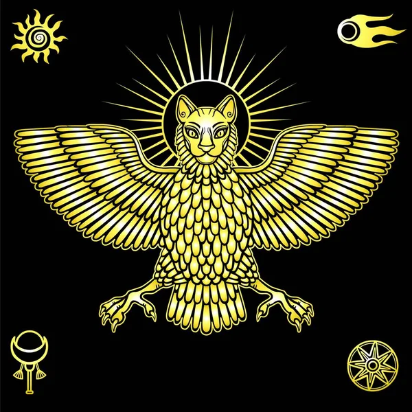 Το μυθικό ζώο, Anzud με ένα σώμα πουλιού και κεφάλι λιονταριού. Χαρακτήρα του Sumerian μυθολογία. Απομίμηση του χρυσού. Σύνολο ηλιακές σύμβολα. Εικονογράφηση φορέα που απομονώνονται σε ένα μαύρο φόντο. — Διανυσματικό Αρχείο