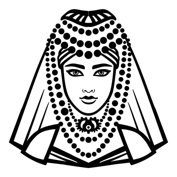 Animation porträtt av arabisk flicka i gamla klänning. Linjär svartvita ritning isolerad på en vit bakgrund. Vektorillustration. — Stock vektor