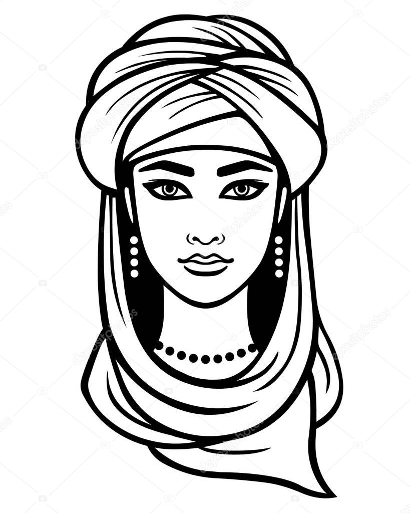 Animation portrait of the young Arab girl in a turban. Linear monochrome drawing isolated on a white background. Vector illustration.