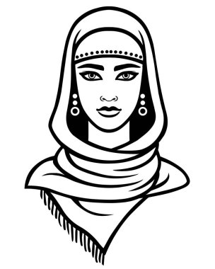 Animasyon bir eşarp Arap kadın portresi. Beyaz bir arka plan üzerinde izole doğrusal tek renkli çizim. Vektör çizim.