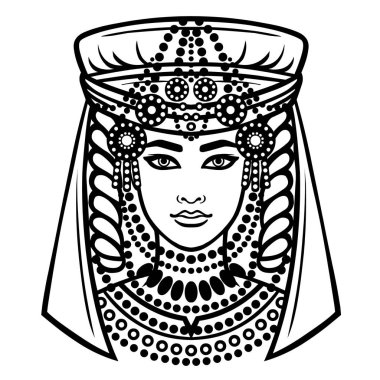 Animasyon bir Türban Arap kız portresi. Beyaz bir arka plan üzerinde izole doğrusal tek renkli çizim. Vektör çizim.