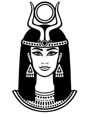 Animasyon güzel Mısır kadın portresi. Boynuzlu Tanrıça Isis. Beyaz vektör illüstrasyon izole beyaz bir arka plan üzerinde siyah. Baskı, poster, tişört, dövme.