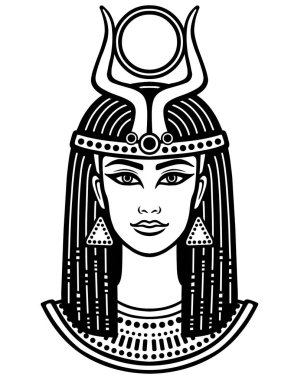 Animasyon güzel Mısır kadın portresi. Boynuzlu Tanrıça Isis. Beyaz vektör illüstrasyon izole beyaz bir arka plan üzerinde siyah. Baskı, poster, tişört, dövme.