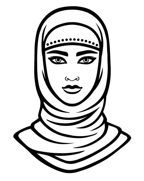 Portrait animé de la femme arabe dans un hijab. Dessin monochrome linéaire isolé sur fond blanc. Illustration vectorielle . — Image vectorielle