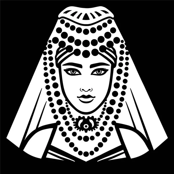 Portrait d'animation de la fille arabe en vêtements anciens. Dessin blanc isolé sur fond noir. Illustration vectorielle . — Image vectorielle