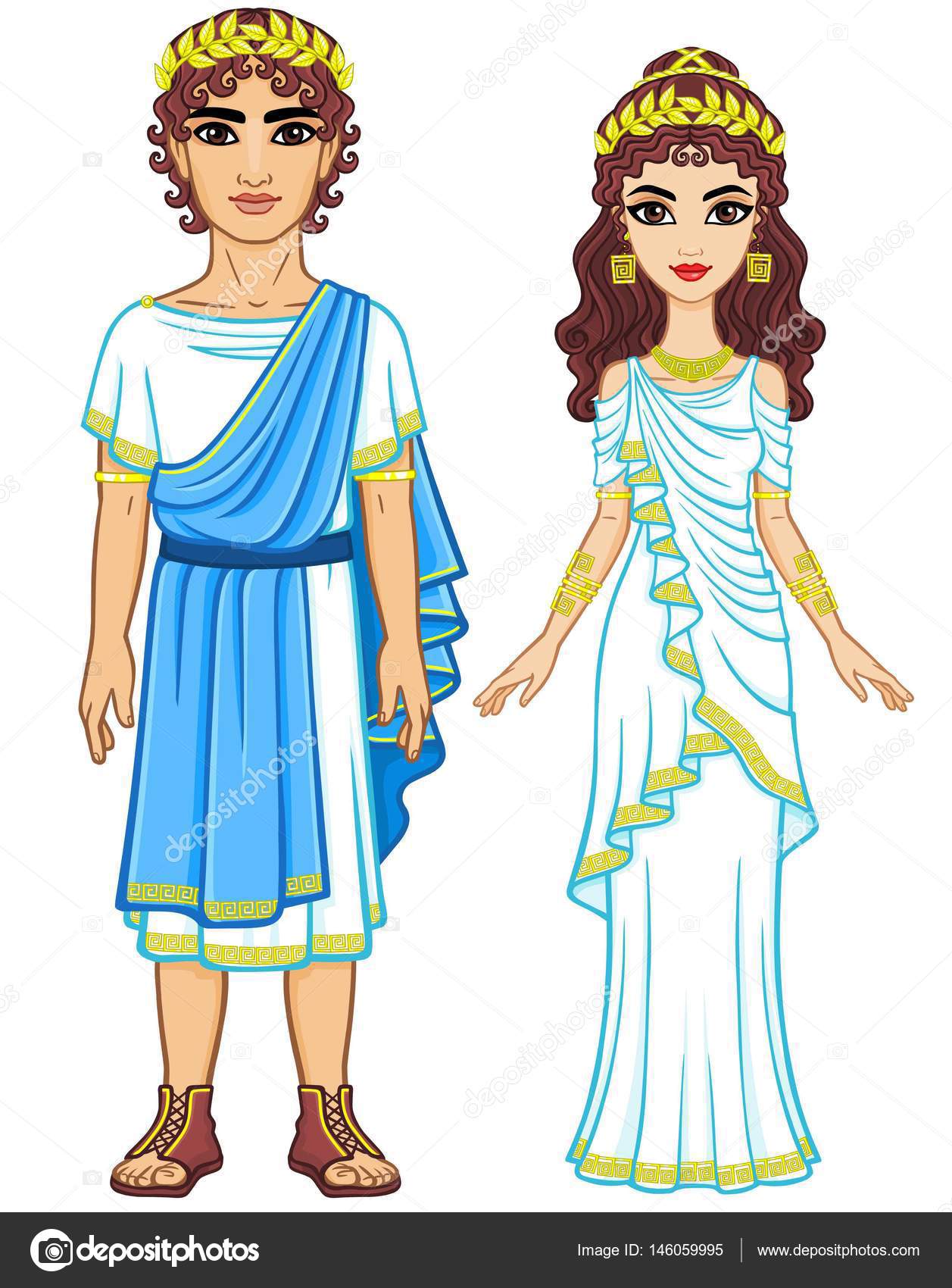 Animation portrait of a family in clothes of Ancient Greece. Full growth.  The vector illustration isolated on a white background. Stock Vector Image  by ©Roomyana #146059995