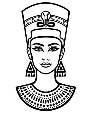 Animasyon güzel Mısır kadın portresi. Beyaz vektör illüstrasyon izole beyaz bir arka plan üzerinde siyah. Baskı, poster, tişört, dövme.