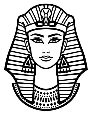 Animasyon güzel Mısır kadın portresi. Beyaz vektör illüstrasyon izole beyaz bir arka plan üzerinde siyah. Baskı, poster, tişört, dövme.