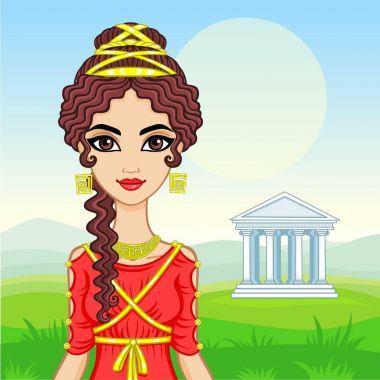 Animasyon Antik Yunanistan'da geleneksel giysiler içinde güzel genç kadın portresi. Arka plan - bir dağ manzarası, antik tapınak. Vektör çizim.
