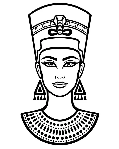 Animation porträtt av den vackra egyptiska kvinnan. Svart på vit vektorillustration isolerade på en vit bakgrund. Print, affisch, t-shirt, tatuering. — Stock vektor