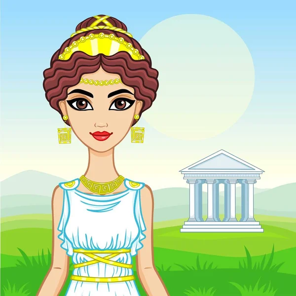 Анимационный портрет красивой молодой женщины в традиционной одежде Древней Греции. Фон - горный пейзаж, старинный храм. Векторная иллюстрация . — стоковый вектор