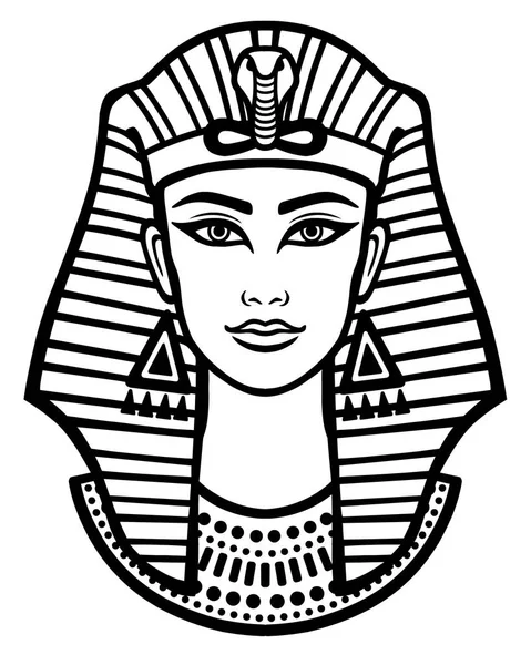 Animationsporträt der schönen Ägypterin. schwarz die weiße Vektordarstellung isoliert auf weißem Hintergrund. Druck, Poster, T-Shirt, Tätowierung. — Stockvektor