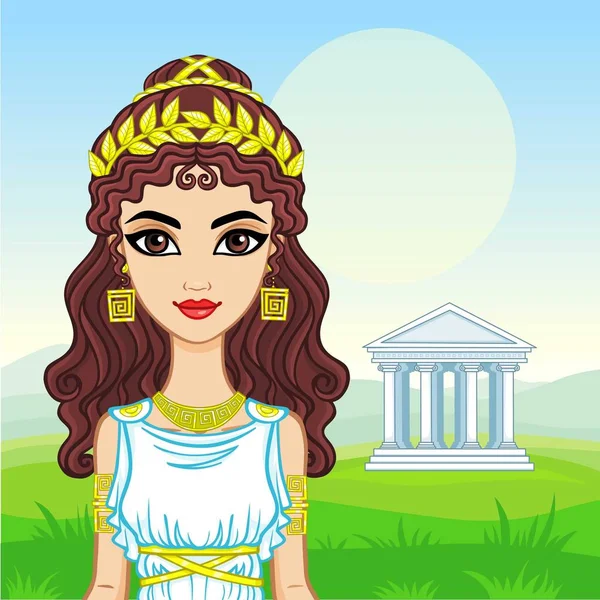 Retrato de animación de la hermosa joven vestida con ropa tradicional de la Antigua Grecia. El fondo - el paisaje montañoso, el templo antiguo. Ilustración vectorial . — Vector de stock