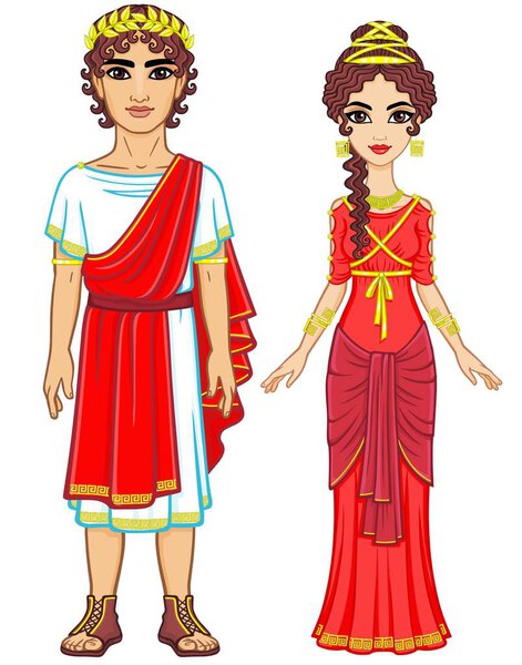 Animation portrait of a family in clothes of Ancient Greece. Full growth. The vector illustration isolated on a white background.