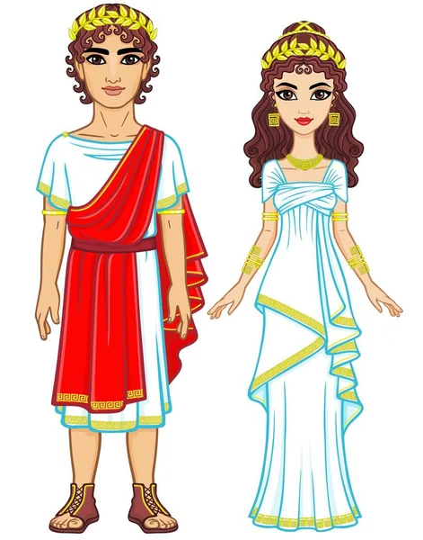 Retrato de animación de una familia vestida de la antigua Grecia. Crecimiento total. La ilustración vectorial aislada sobre un fondo blanco . — Vector de stock