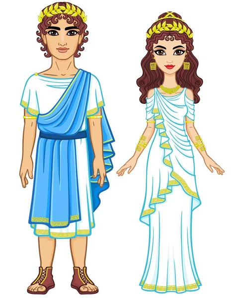 Animation portrait of a family in clothes of Ancient Greece. Full growth. The vector illustration isolated on a white background. — Stock Vector