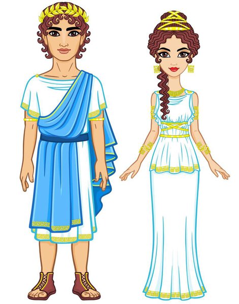 Animation portrait of a family in clothes of Ancient Greece. Full growth. The vector illustration isolated on a white background.