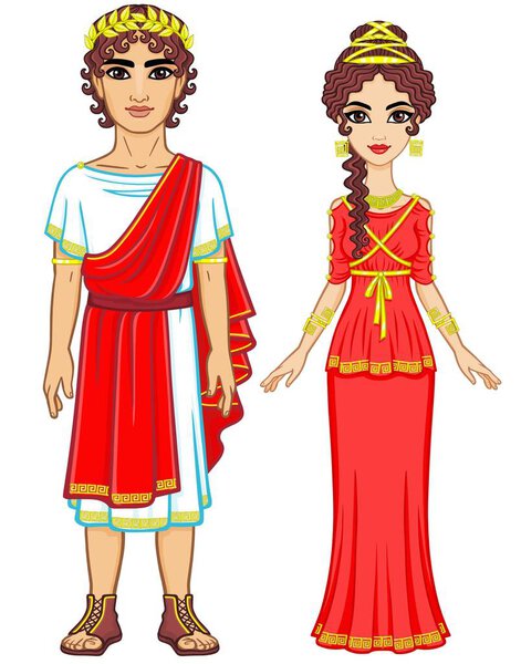 Animation portrait of a family in clothes of Ancient Greece. Full growth. The vector illustration isolated on a white background.