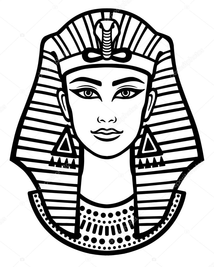 Animation portrait of the beautiful Egyptian woman. Black the white vector illustration isolated on a white background. Print, poster, t-shirt, tattoo.