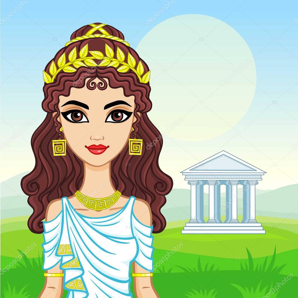 Animation portrait of the beautiful young woman in traditional clothes of Ancient Greece. A background - a mountain landscape, the antique temple. Vector illustration.