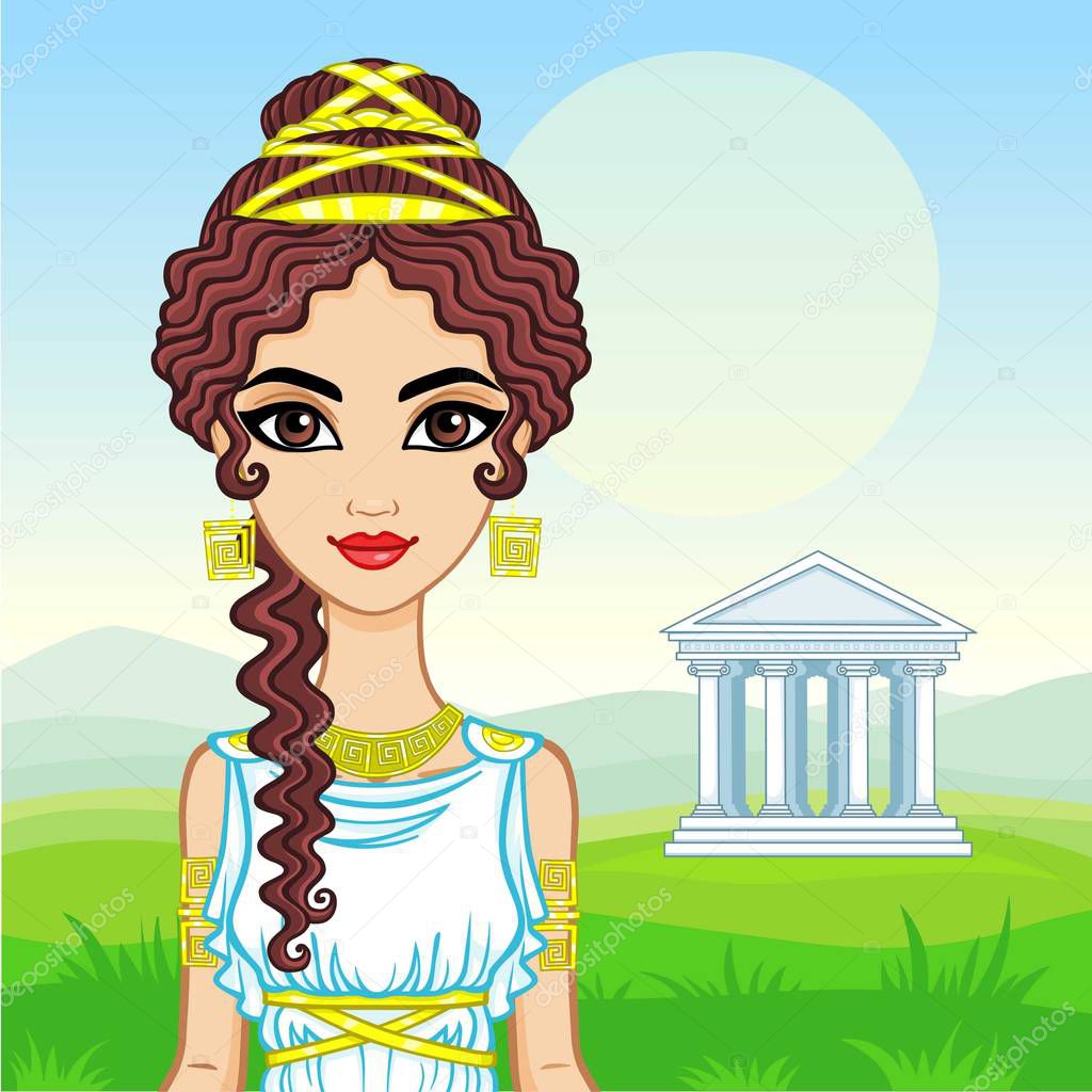 Animation portrait of the beautiful young woman in traditional clothes of Ancient Greece. A background - a mountain landscape, the antique temple. Vector illustration.