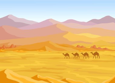 Animation landscape: desert, caravan of camels. Vector illustration. clipart
