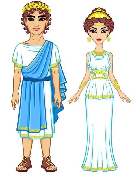 Animation portrait of a family in clothes of Ancient Greece. Full growth. The vector illustration isolated on a white background. — Stock Vector