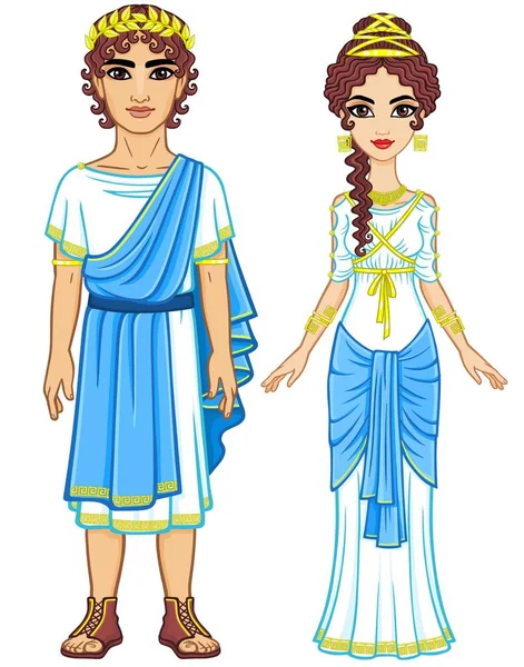 Animation porträtt av en familj i kläder av antikens Grekland. Full tillväxt. Den vektorillustration isolerade på en vit bakgrund. — Stock vektor