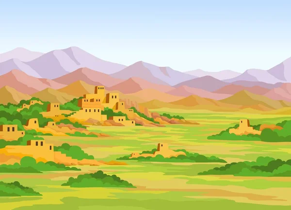 Animation bunte Landschaft, Ruinen der antiken Stadt auf einem Hintergrund von Bergen. Vektorillustration. — Stockvektor