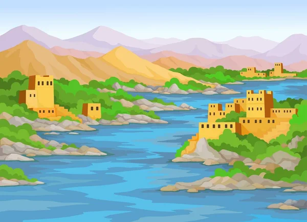 Paisagem de animação: rio, antiga cidade do leste, montanhas. Ilustração vetorial . — Vetor de Stock