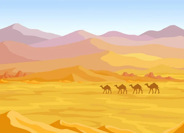 Pemandangan animasi: gurun, kafilah unta. Ilustrasi vektor . Stok Ilustrasi 