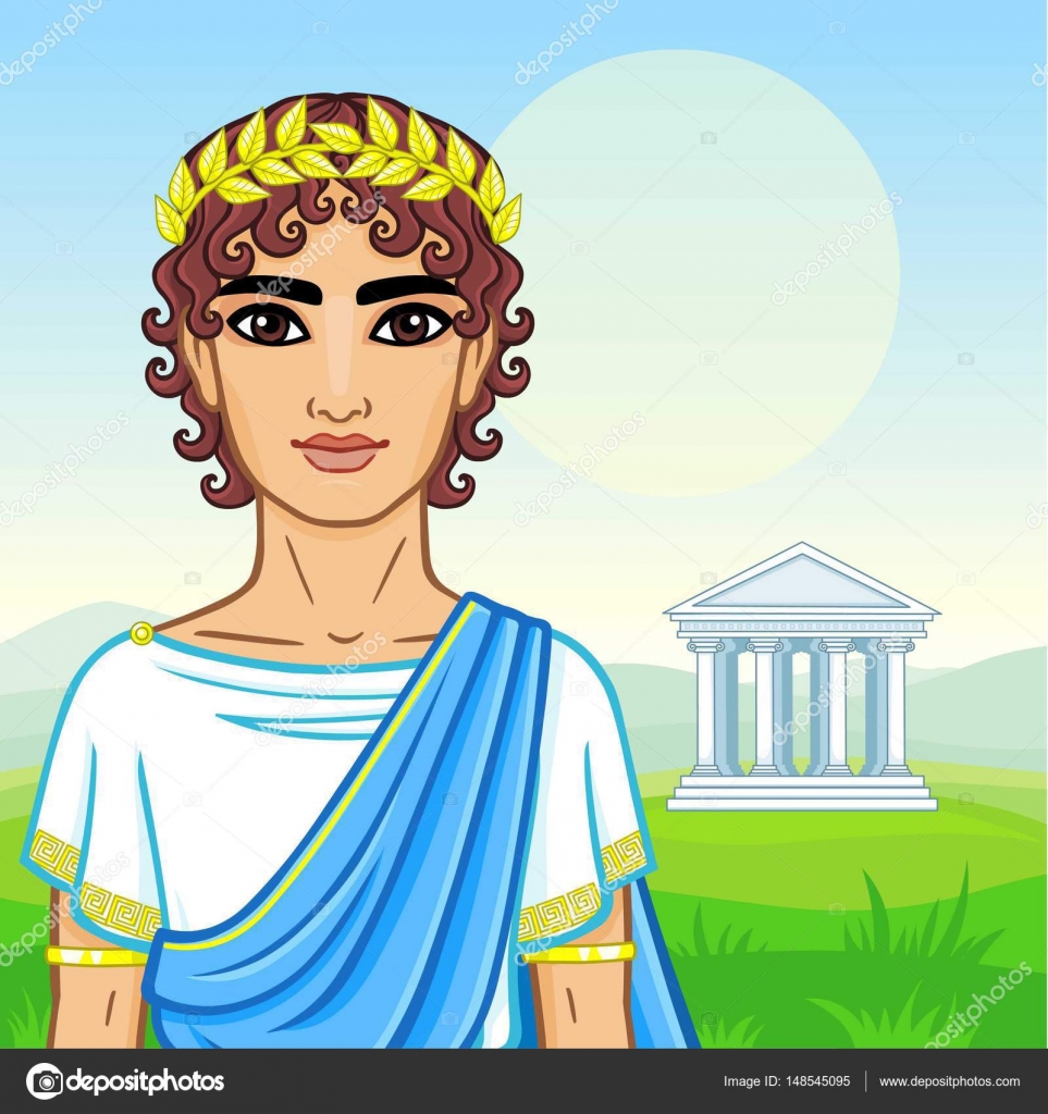 Animation portrait of the young man in traditional clothes of Ancient Greece.  A background - a mountain landscape, the antique temple. Vector  illustration. Stock Vector Image by ©Roomyana #148545095