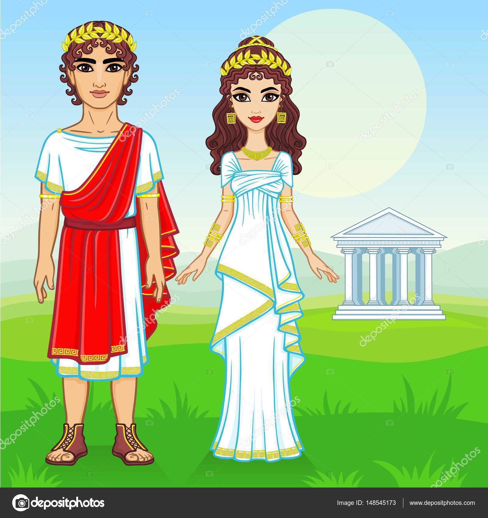 Animation portrait of a family in clothes of Ancient Greece. Background -  the mountain valley, the antique temple. Vector illustration. Stock Vector  Image by ©Roomyana #148545173