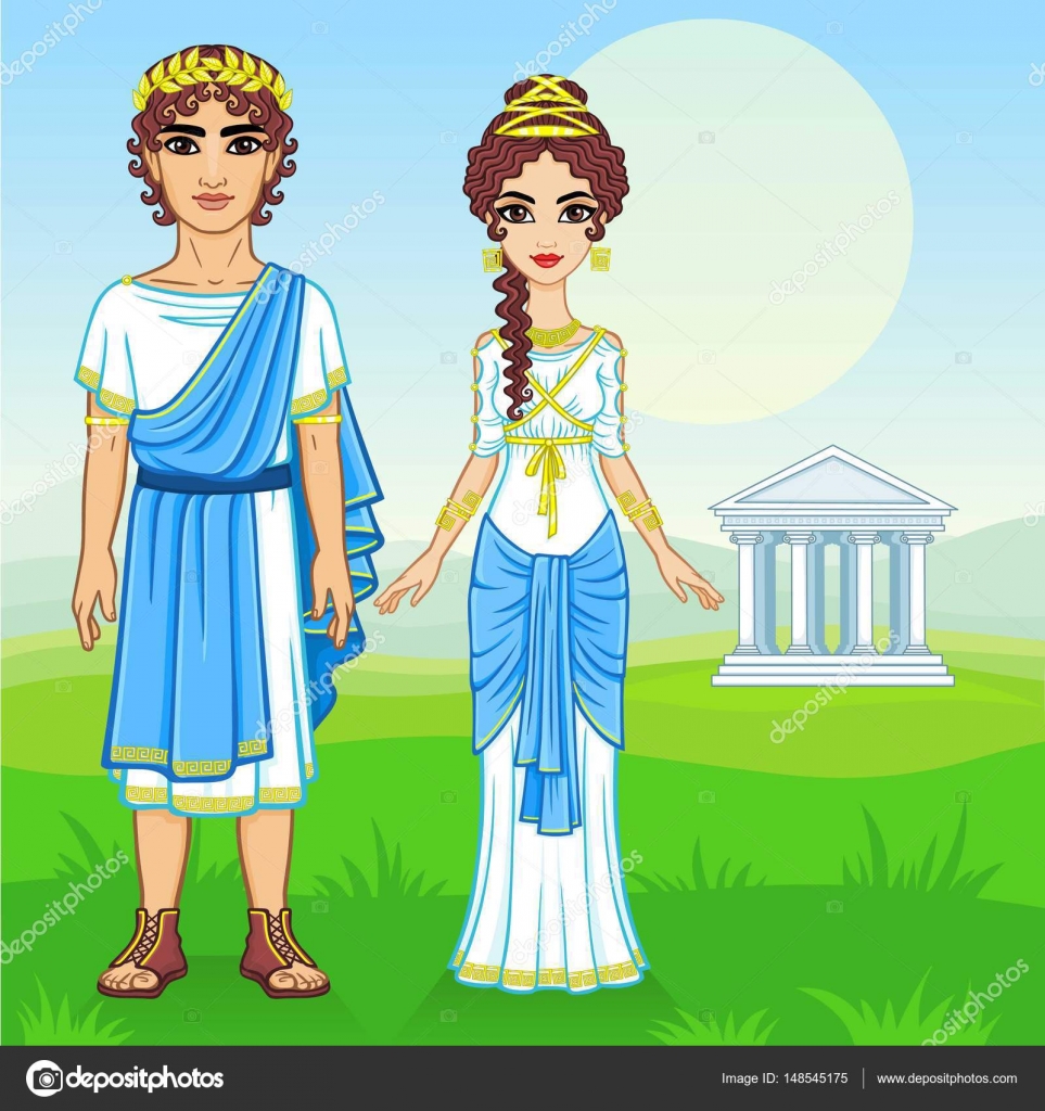 Animation portrait of a family in clothes of Ancient Greece. Background ...