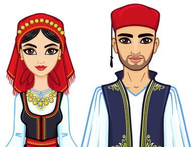 Animasyon antik Yunan giysili bir aile portresi. Beyaz bir arka plan üzerinde izole vektör çizim.