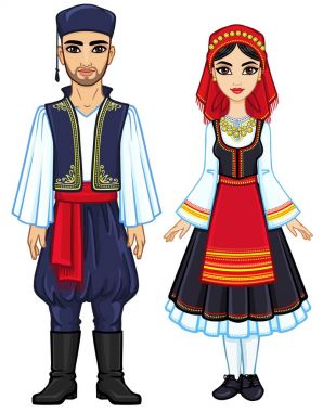 Animasyon antik Yunan giysili bir aile portresi. Tam büyüme. Beyaz bir arka plan üzerinde izole vektör çizim.