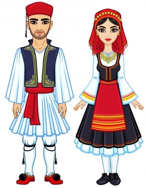 Animasyon antik Yunan giysili bir aile portresi. Tam büyüme. Beyaz bir arka plan üzerinde izole vektör çizim.