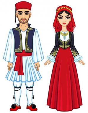 Animasyon antik Yunan giysili bir aile portresi. Tam büyüme. Beyaz bir arka plan üzerinde izole vektör çizim.