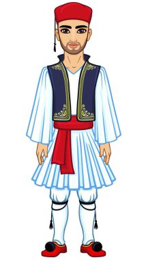 Animation portrait of the young man in  ancient Greek suit. Full growth. The vector illustration isolated on a white background. clipart